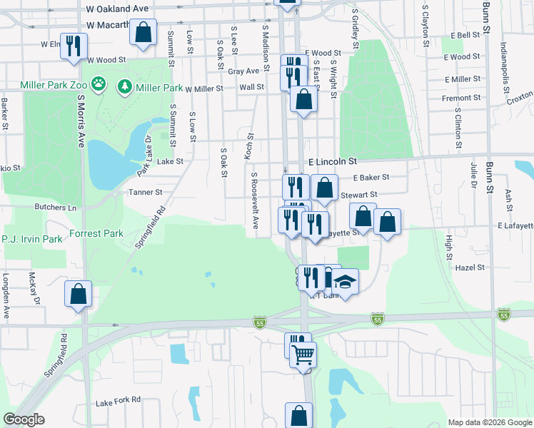 map of restaurants, bars, coffee shops, grocery stores, and more near 1611 South Madison Street in Bloomington