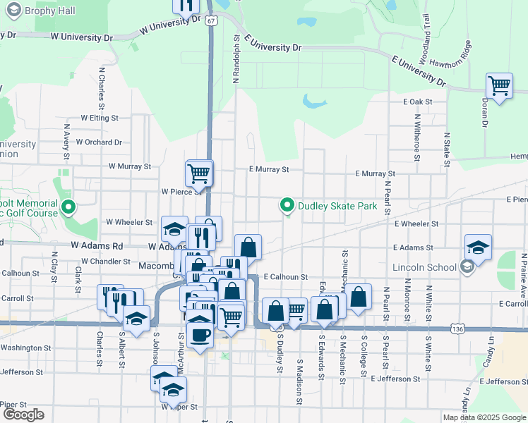 map of restaurants, bars, coffee shops, grocery stores, and more near 517 North Campbell Street in Macomb