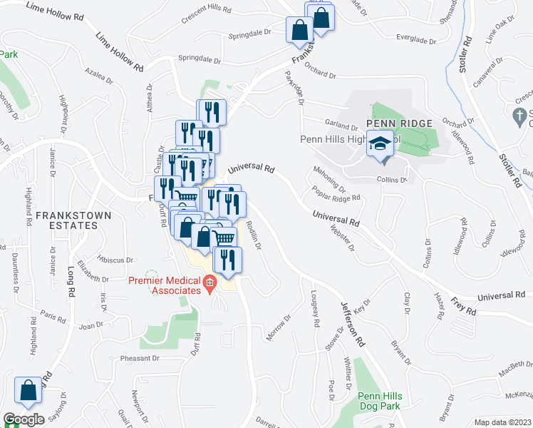 map of restaurants, bars, coffee shops, grocery stores, and more near 227 Jefferson Road in Pittsburgh