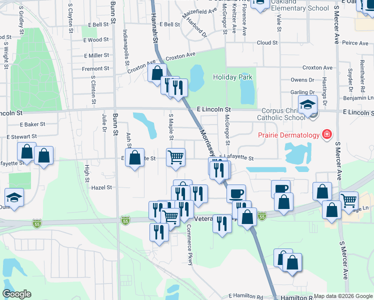 map of restaurants, bars, coffee shops, grocery stores, and more near 6 Linnwood Street in Bloomington
