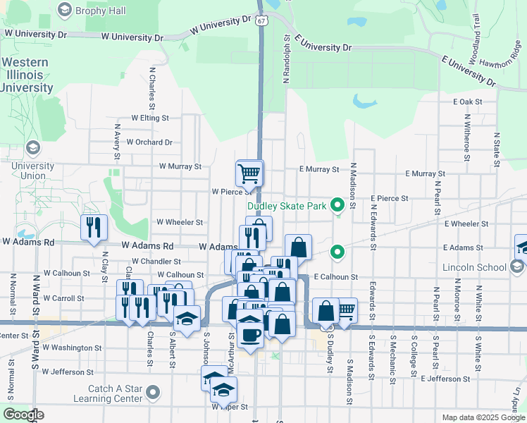 map of restaurants, bars, coffee shops, grocery stores, and more near 506 Chicago - Kansas City Expressway in Macomb