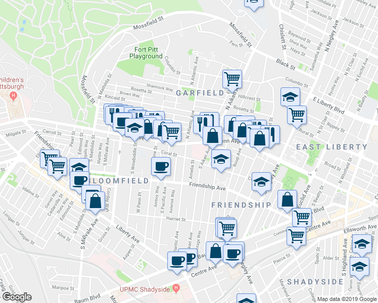 map of restaurants, bars, coffee shops, grocery stores, and more near 117 South Atlantic Avenue in Pittsburgh