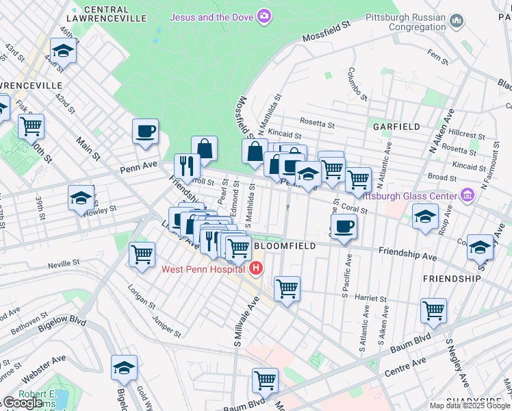 map of restaurants, bars, coffee shops, grocery stores, and more near 231 South Mathilda Street in Pittsburgh