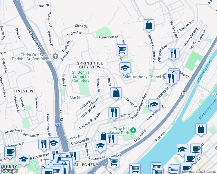 map of restaurants, bars, coffee shops, grocery stores, and more near 1701 Rhine Street in Pittsburgh