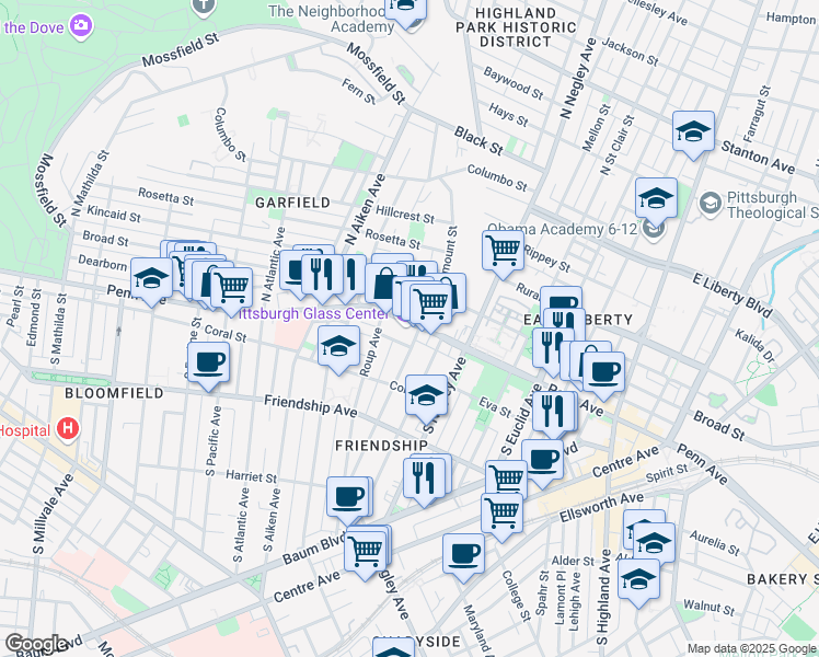 map of restaurants, bars, coffee shops, grocery stores, and more near 5472 Penn Avenue in Pittsburgh