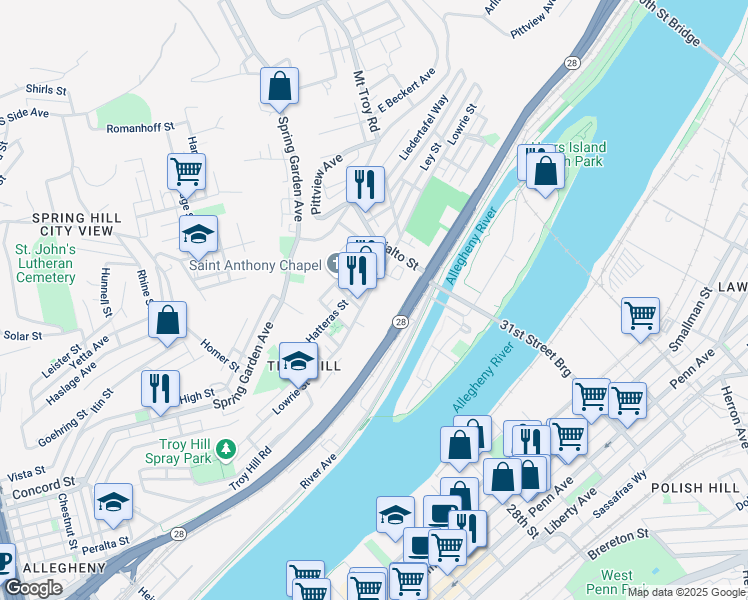 map of restaurants, bars, coffee shops, grocery stores, and more near 1717 Lowrie Street in Pittsburgh