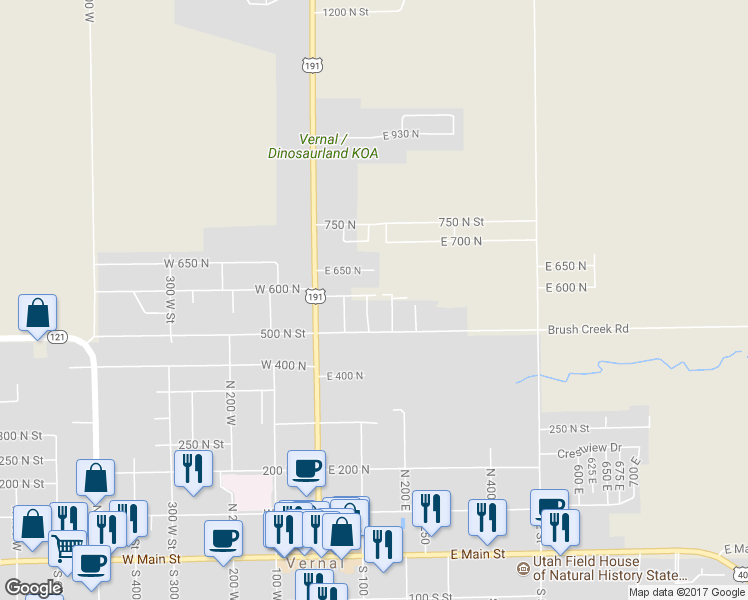 map of restaurants, bars, coffee shops, grocery stores, and more near 588 North 100 East in Vernal