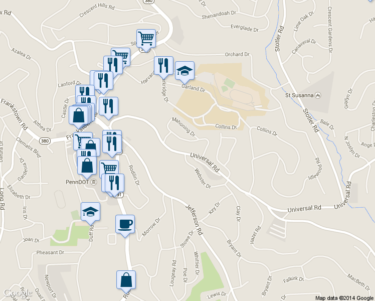 map of restaurants, bars, coffee shops, grocery stores, and more near 263 Universal Road in Penn Hills
