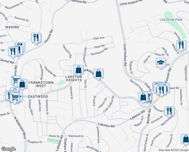 map of restaurants, bars, coffee shops, grocery stores, and more near 10130 Frankstown Road in Pittsburgh