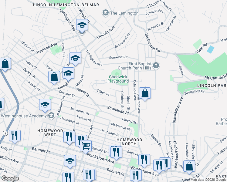 map of restaurants, bars, coffee shops, grocery stores, and more near 1368 Silverton Avenue in Pittsburgh