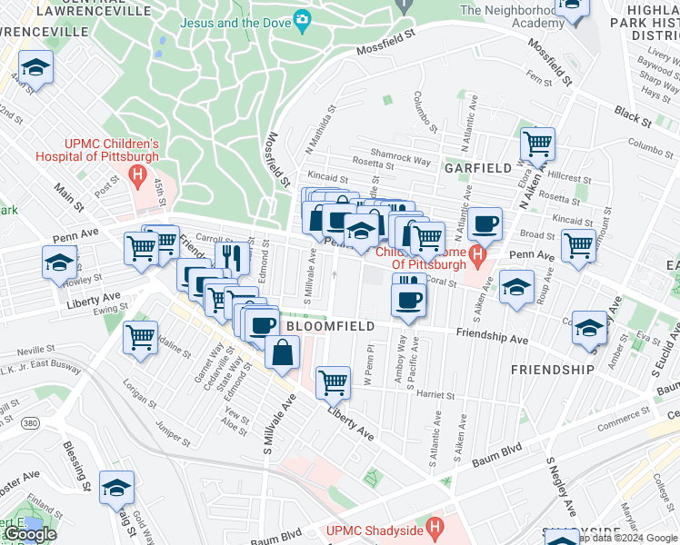 map of restaurants, bars, coffee shops, grocery stores, and more near 221 Gross Street in Pittsburgh