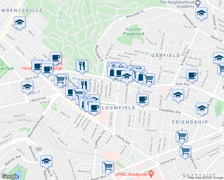 map of restaurants, bars, coffee shops, grocery stores, and more near 224 South Millvale Avenue in Pittsburgh