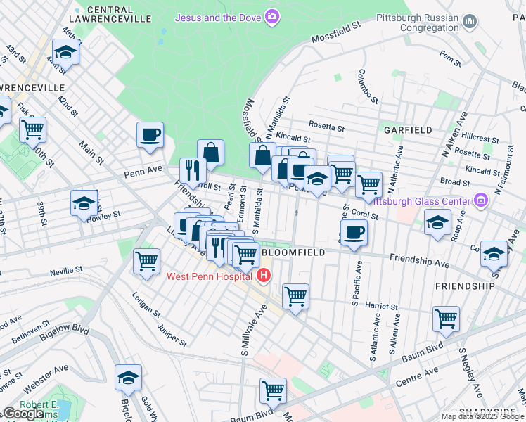 map of restaurants, bars, coffee shops, grocery stores, and more near 236 South Mathilda Street in Pittsburgh