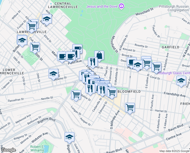map of restaurants, bars, coffee shops, grocery stores, and more near 4618 Friendship Avenue in Pittsburgh