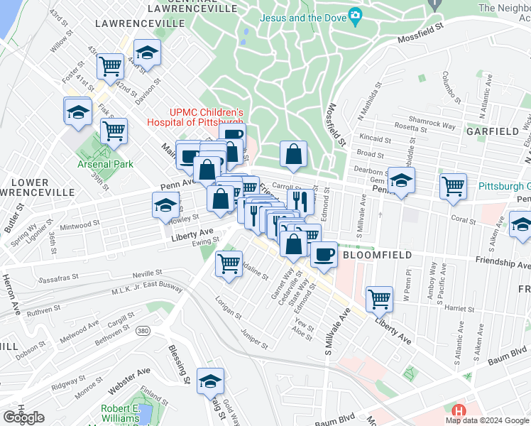map of restaurants, bars, coffee shops, grocery stores, and more near 4668 Gangwish Street in Pittsburgh