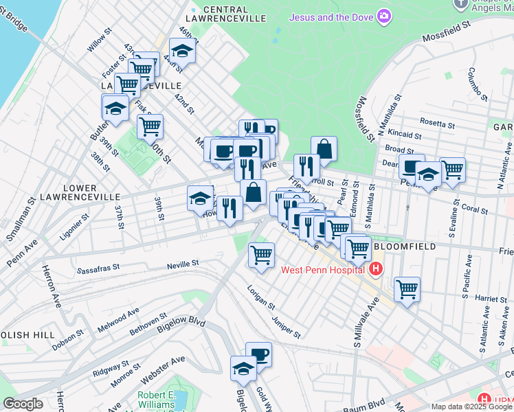 map of restaurants, bars, coffee shops, grocery stores, and more near in Pittsburgh