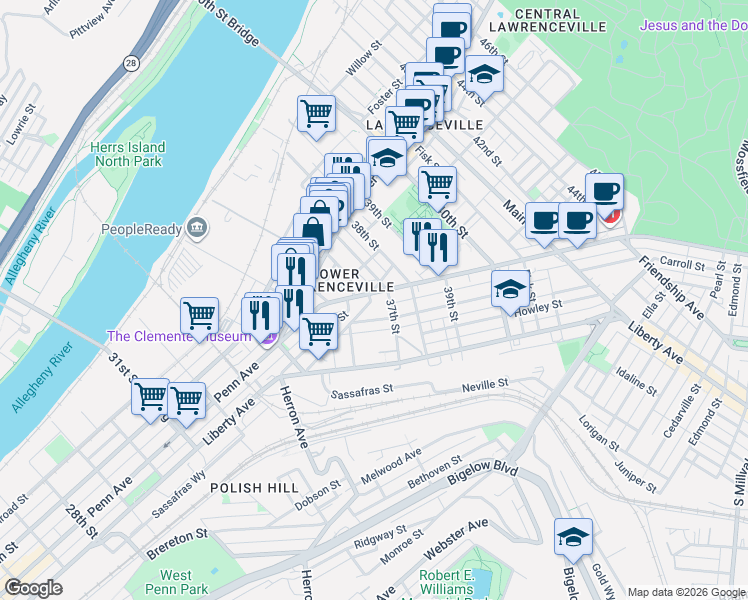map of restaurants, bars, coffee shops, grocery stores, and more near 3600 Penn Avenue in Pittsburgh
