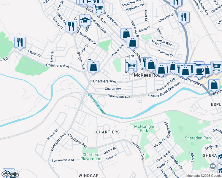 map of restaurants, bars, coffee shops, grocery stores, and more near 1221 Church Avenue in McKees Rocks