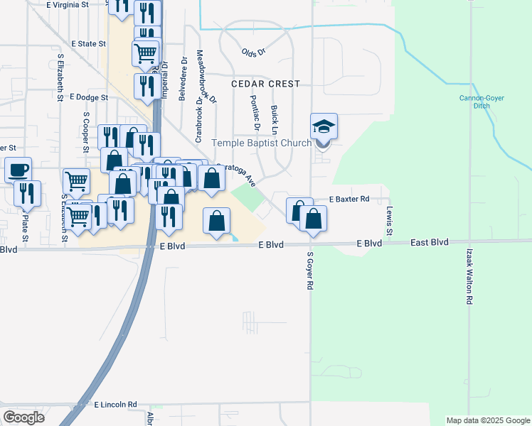map of restaurants, bars, coffee shops, grocery stores, and more near 2407 Saratoga Avenue in Kokomo