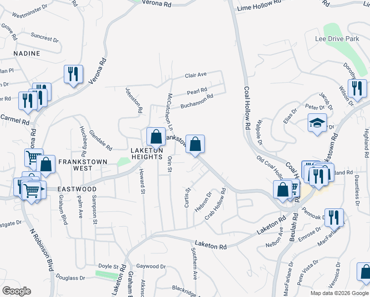 map of restaurants, bars, coffee shops, grocery stores, and more near 10130 Frankstown Rd in Pittsburgh