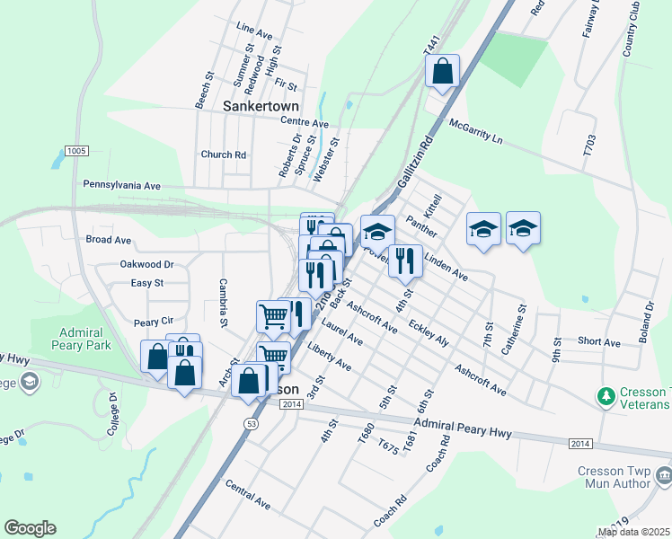 map of restaurants, bars, coffee shops, grocery stores, and more near 208 Keystone Ave in Cresson