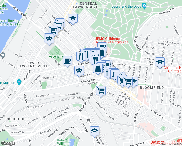 map of restaurants, bars, coffee shops, grocery stores, and more near 4057 Howley Street in Pittsburgh