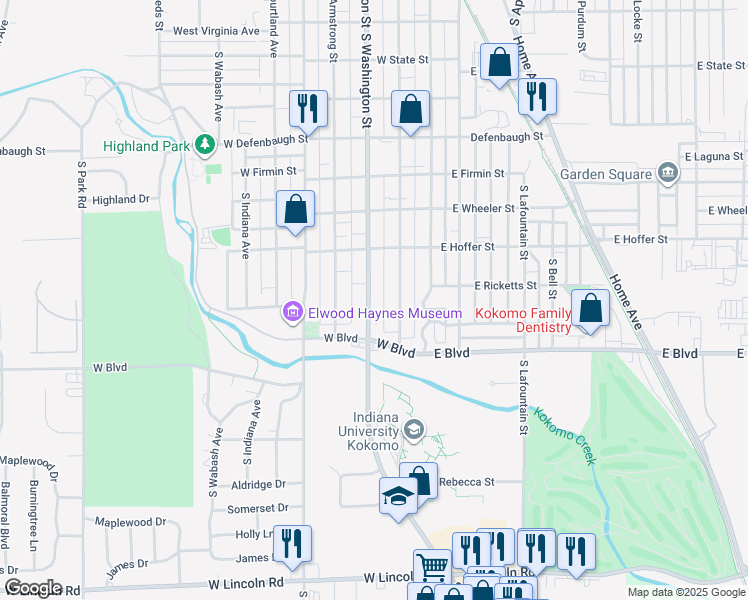 map of restaurants, bars, coffee shops, grocery stores, and more near 1925 South Buckeye Street in Kokomo