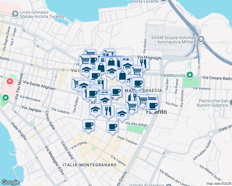 map of restaurants, bars, coffee shops, grocery stores, and more near 8 Via Siracusa in Taranto
