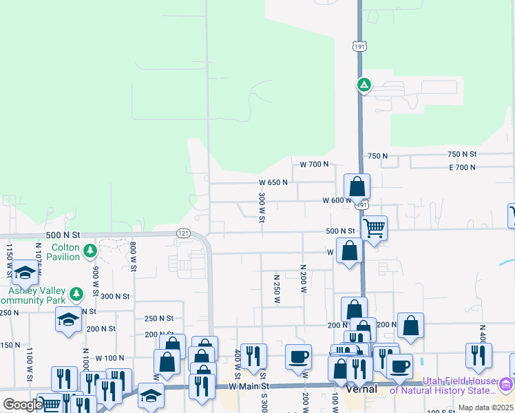 map of restaurants, bars, coffee shops, grocery stores, and more near 325 West 600 North in Vernal