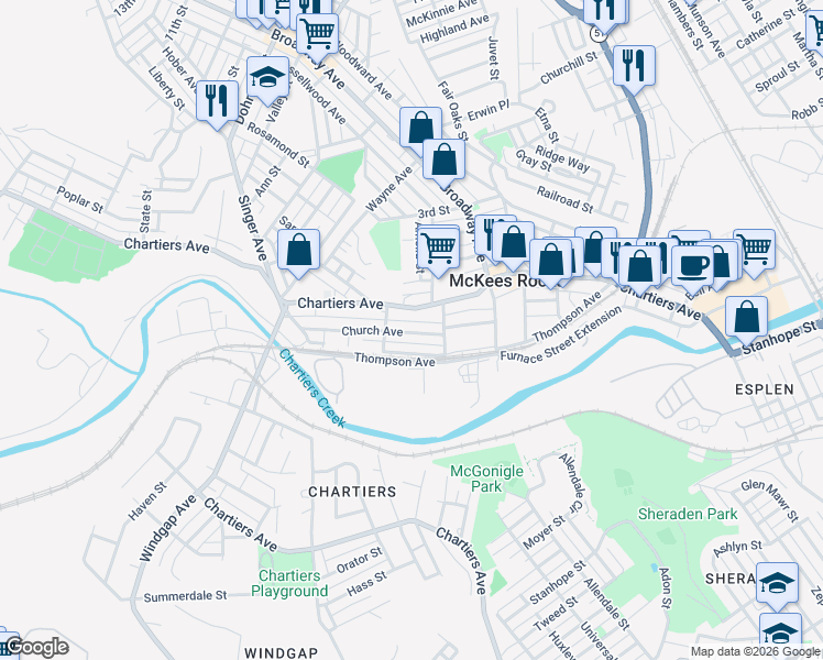 map of restaurants, bars, coffee shops, grocery stores, and more near 1147 Church Avenue in McKees Rocks