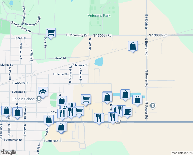 map of restaurants, bars, coffee shops, grocery stores, and more near 1690 East Wheeler Street in Macomb