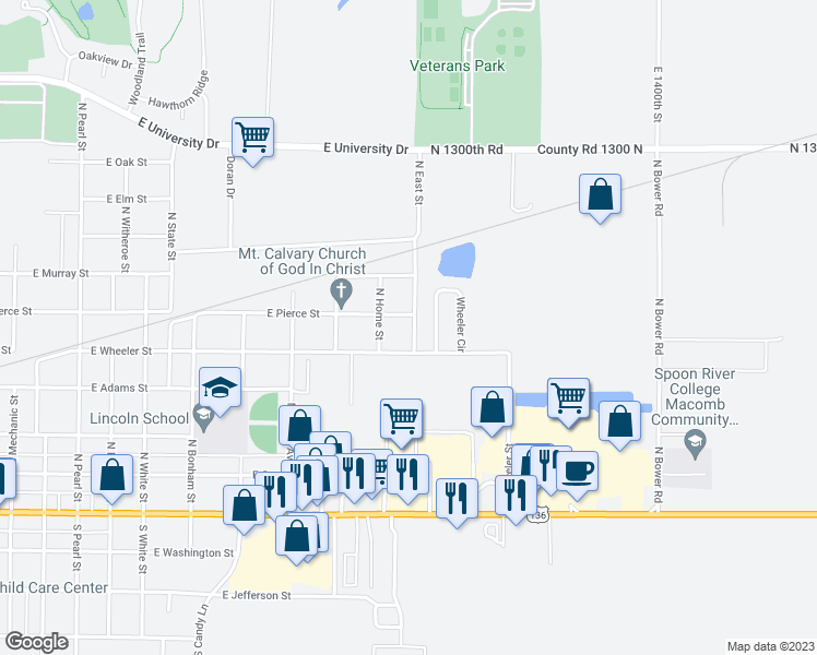 map of restaurants, bars, coffee shops, grocery stores, and more near 1635 East Pierce Street in Macomb