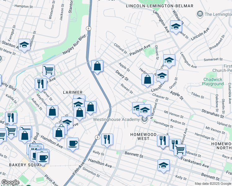 map of restaurants, bars, coffee shops, grocery stores, and more near 6613 Tennis Street in Pittsburgh