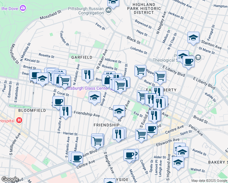 map of restaurants, bars, coffee shops, grocery stores, and more near 5472 Penn Avenue in Pittsburgh