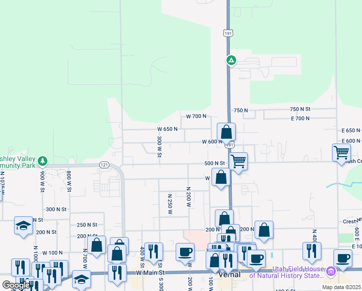 map of restaurants, bars, coffee shops, grocery stores, and more near 225 West 600 North in Vernal