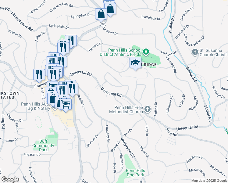 map of restaurants, bars, coffee shops, grocery stores, and more near 263 Universal Road in Penn Hills