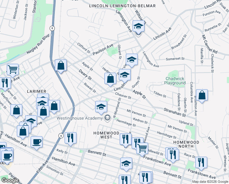 map of restaurants, bars, coffee shops, grocery stores, and more near 6904 Chaucer Street in Pittsburgh