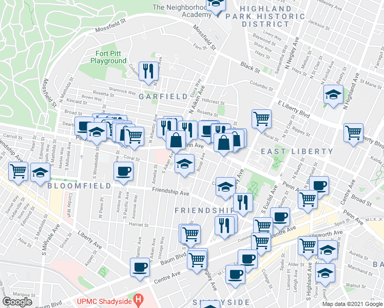 map of restaurants, bars, coffee shops, grocery stores, and more near 113 South Graham Street in Pittsburgh