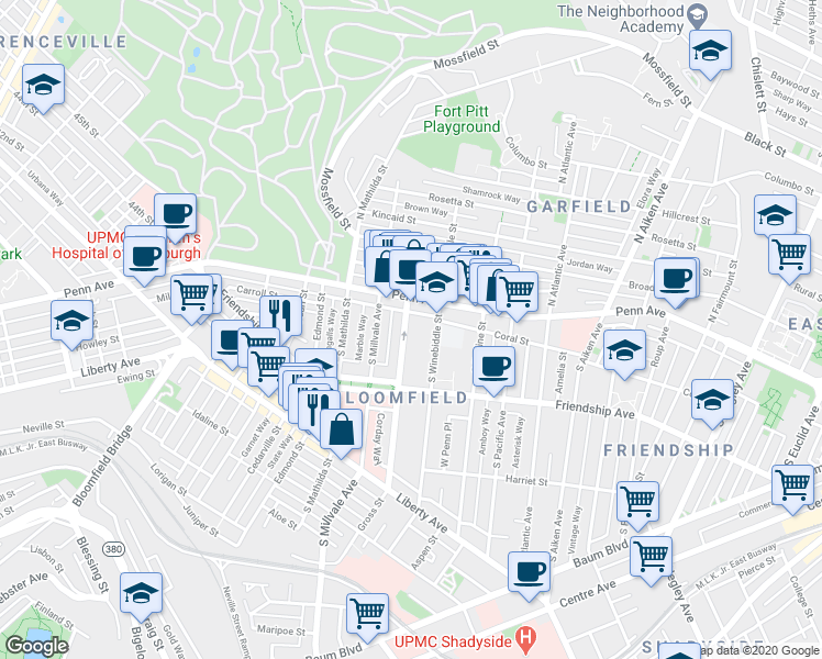 map of restaurants, bars, coffee shops, grocery stores, and more near 221 Gross Street in Pittsburgh