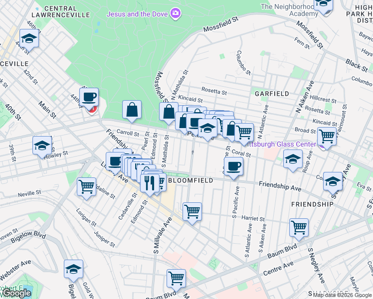 map of restaurants, bars, coffee shops, grocery stores, and more near in Pittsburgh