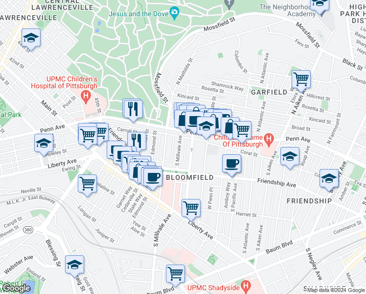 map of restaurants, bars, coffee shops, grocery stores, and more near 224 South Millvale Avenue in Pittsburgh