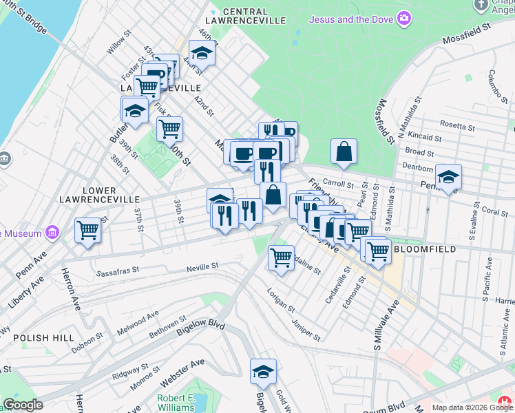 map of restaurants, bars, coffee shops, grocery stores, and more near 4072 Howley Street in Pittsburgh