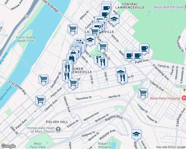 map of restaurants, bars, coffee shops, grocery stores, and more near 3716 Woolslayer Way in Pittsburgh
