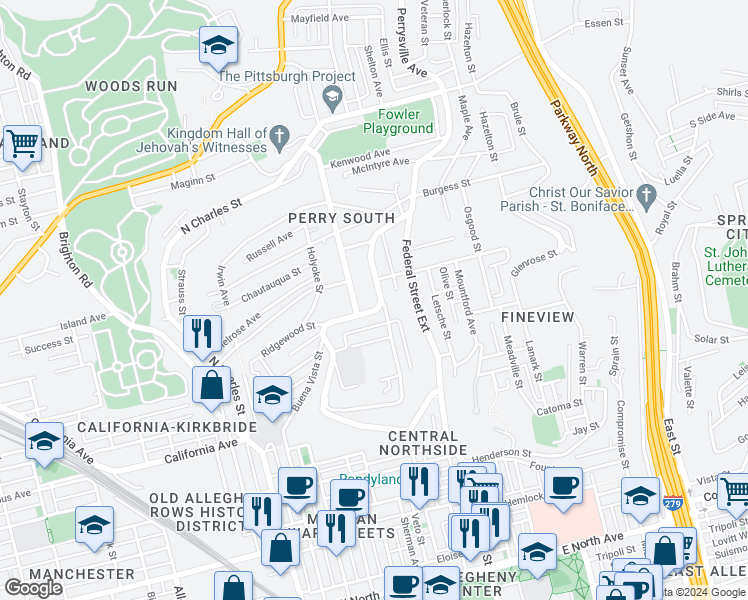 map of restaurants, bars, coffee shops, grocery stores, and more near 2115 Perrysville Avenue in Pittsburgh
