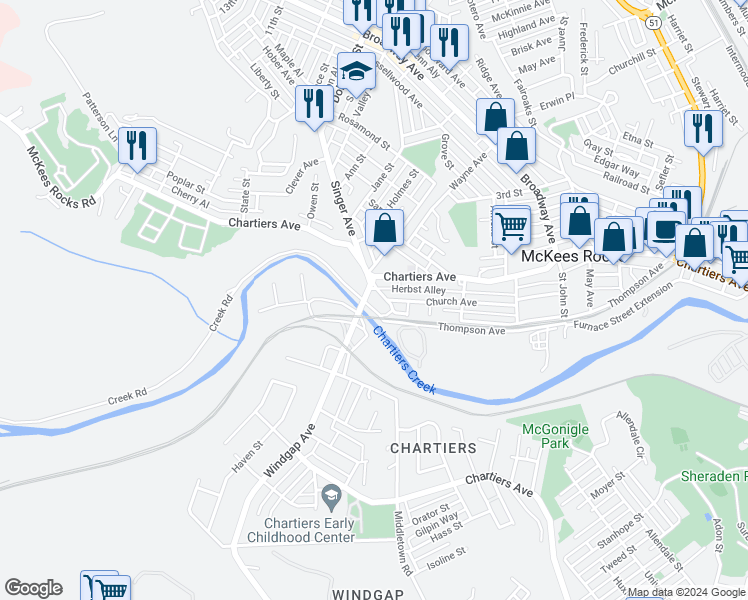 map of restaurants, bars, coffee shops, grocery stores, and more near 19 Singer Avenue in McKees Rocks
