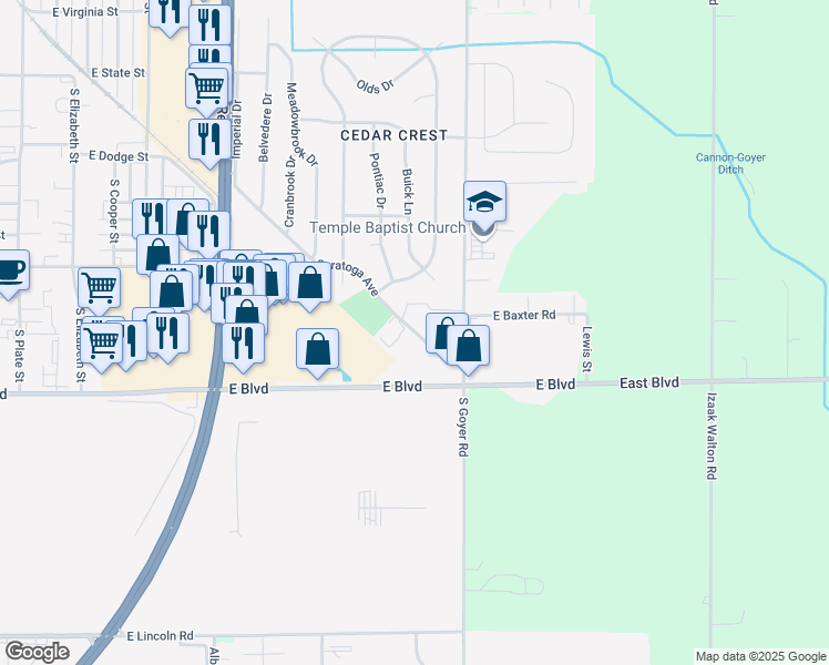 map of restaurants, bars, coffee shops, grocery stores, and more near 2409 Saratoga Avenue in Kokomo