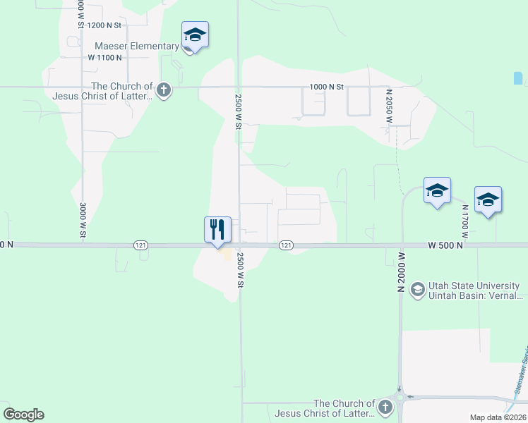 map of restaurants, bars, coffee shops, grocery stores, and more near 591 North 2425 West in Vernal