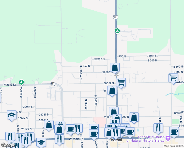 map of restaurants, bars, coffee shops, grocery stores, and more near 225 West 600 North in Vernal