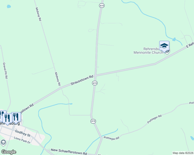 map of restaurants, bars, coffee shops, grocery stores, and more near 26 Strausstown Road in Bethel