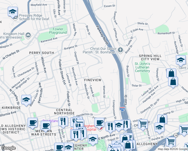 map of restaurants, bars, coffee shops, grocery stores, and more near 357 Rising Main Avenue in Pittsburgh